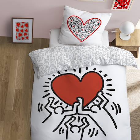 Parure de lit imprimée 100% coton, keith haring red love Blanc/rouge 1 - vertbaudet enfant 