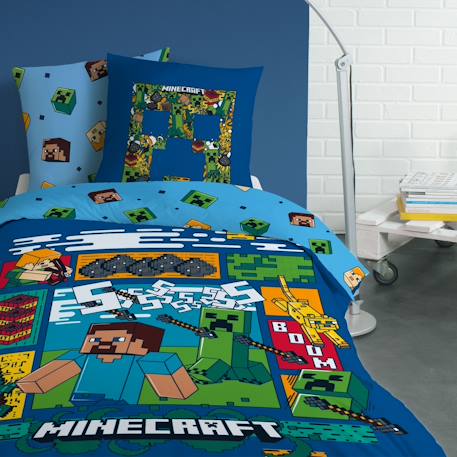 Parure de lit imprimée 100% coton, minecraft update Bleu nuit 1 - vertbaudet enfant 