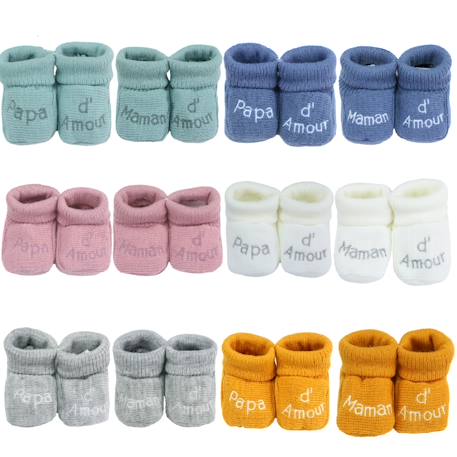Chaussons naissance - message maman d'amour Blanc+Gris+Moutarde+Vert 3 - vertbaudet enfant 