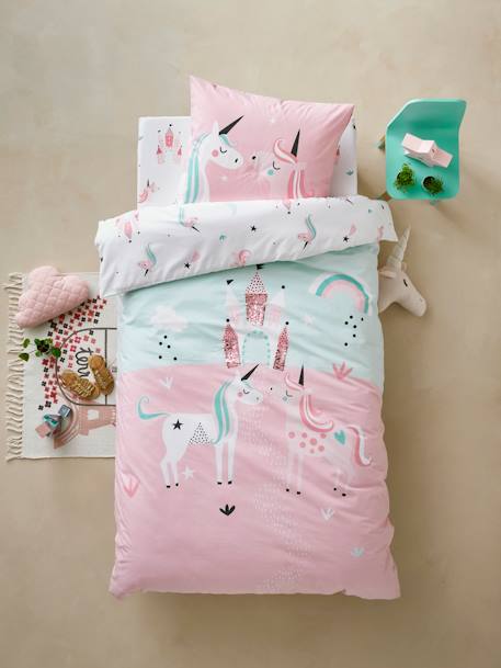 Parure housse de couette enfant et taie d'oreiller LICORNES MAGIQUES bleu clair 4 - vertbaudet enfant 