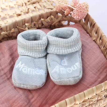 Chaussons naissance - message maman d'amour Blanc+Gris+Moutarde+Vert 6 - vertbaudet enfant 