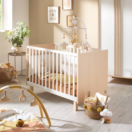 Lit bébé avec pieds décor chêne velours et balustres blancs - nature Marron 2 - vertbaudet enfant 