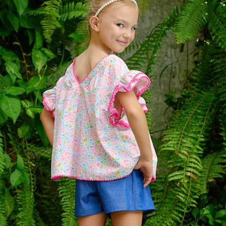 Blouse liberty   à volants  butterfly Blanche fuchsia+Jaune bleu+Rose bleu pastel+Violet bleu 16 - vertbaudet enfant 