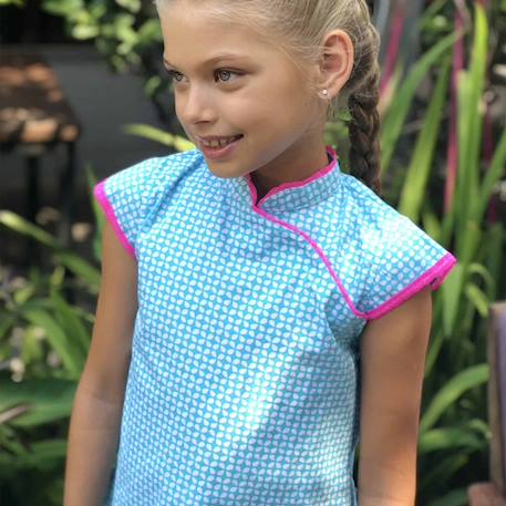 Robe  chinoise   avec col mao  annam Bleu turquoise fuchsia 5 - vertbaudet enfant 