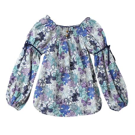 Blouse intersaison fleurie   liberty   col smocks  chimene Bleu lilas+Bleu roi+Marron beige+Orange+Rouge fleuri 3 - vertbaudet enfant 