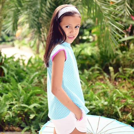 Blouse chinoise    annam Bleu turquoise rose fuchsia 5 - vertbaudet enfant 