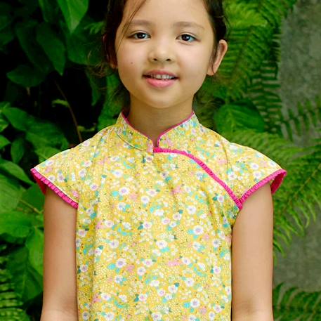 Robe chinoise  liberty  à col mao  annam Jaune rose fuchsia 2 - vertbaudet enfant 