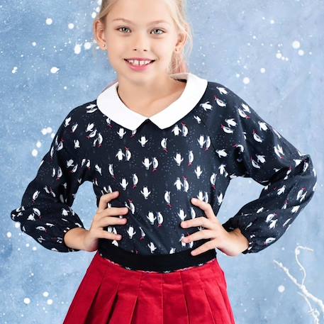 Blouse de noël pour   imprimé fantaisie pingouin  col claudine Noir blanc rouge 1 - vertbaudet enfant 