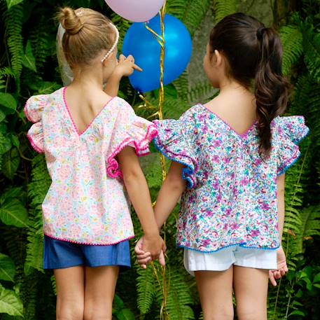 Blouse liberty   à volants  butterfly Blanche fuchsia+Jaune bleu+Rose bleu pastel+Violet bleu 12 - vertbaudet enfant 