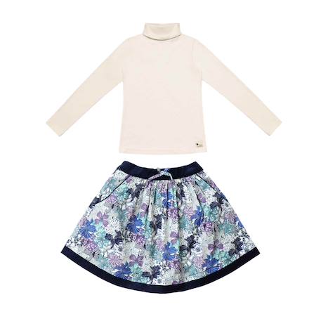 Ensemble   jupe fleurie   & col roulé Bleu marine lilas beige 1 - vertbaudet enfant 