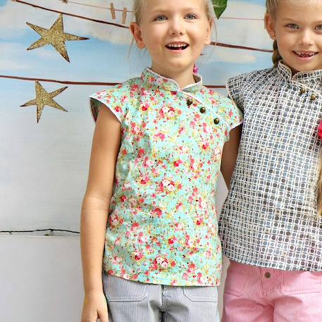Blouse chinoise à col mao    fleurie liberty   annam Vert d'eau rouge 1 - vertbaudet enfant 