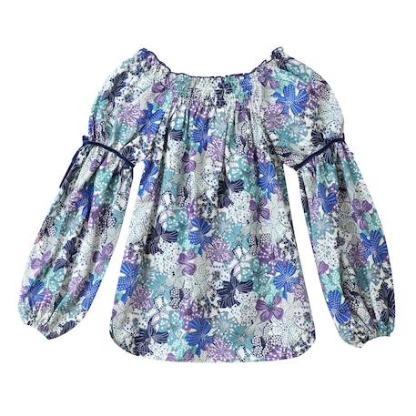 Blouse intersaison fleurie   liberty   col smocks  chimene Bleu lilas+Bleu roi+Marron beige+Orange+Rouge fleuri 5 - vertbaudet enfant 