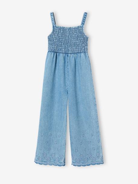 Combinaison à mocks brodée fleurs fille en denim léger bleu clair 1 - vertbaudet enfant 
