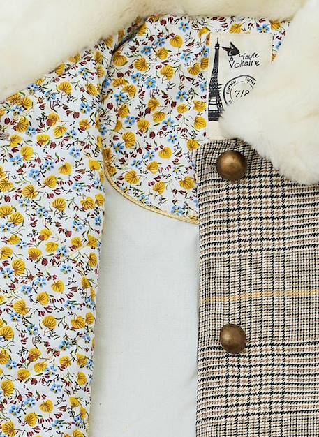 Manteaueau  carreaux tartan  avec fausse fourrure  amandine Marron beige jaune 5 - vertbaudet enfant 