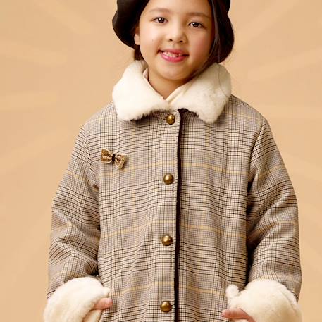 Manteaueau  carreaux tartan  avec fausse fourrure  amandine Marron beige jaune 2 - vertbaudet enfant 