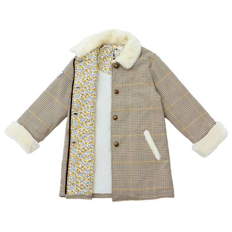 Manteaueau  carreaux tartan  avec fausse fourrure  amandine Marron beige jaune 4 - vertbaudet enfant 