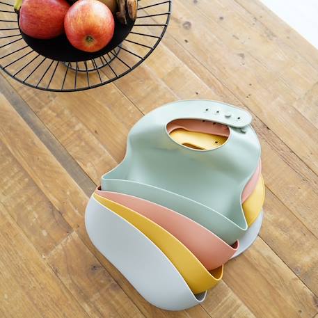 Bavoir silicone avec récupérateur Gris charme+Jaune miel+Pêche+Vert cactus 10 - vertbaudet enfant 