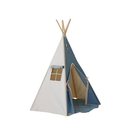 Tente tipi avec pompoms et tapis jeans en coton Bleu 1 - vertbaudet enfant 