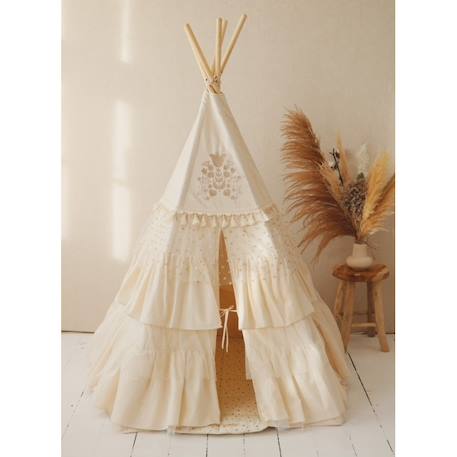 Tente tipi avec franges et tapis boho en coton caramel Beige 3 - vertbaudet enfant 