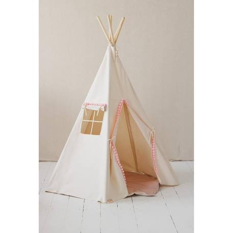 Tente tipi fluffy pompoms avec tapis  en coton Beige 4 - vertbaudet enfant 
