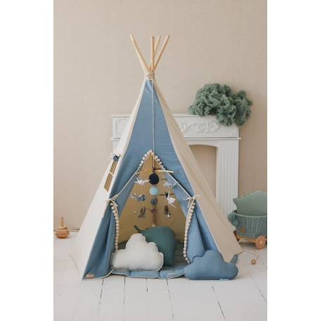 Tente tipi avec pompoms et tapis jeans en coton Bleu 4 - vertbaudet enfant 