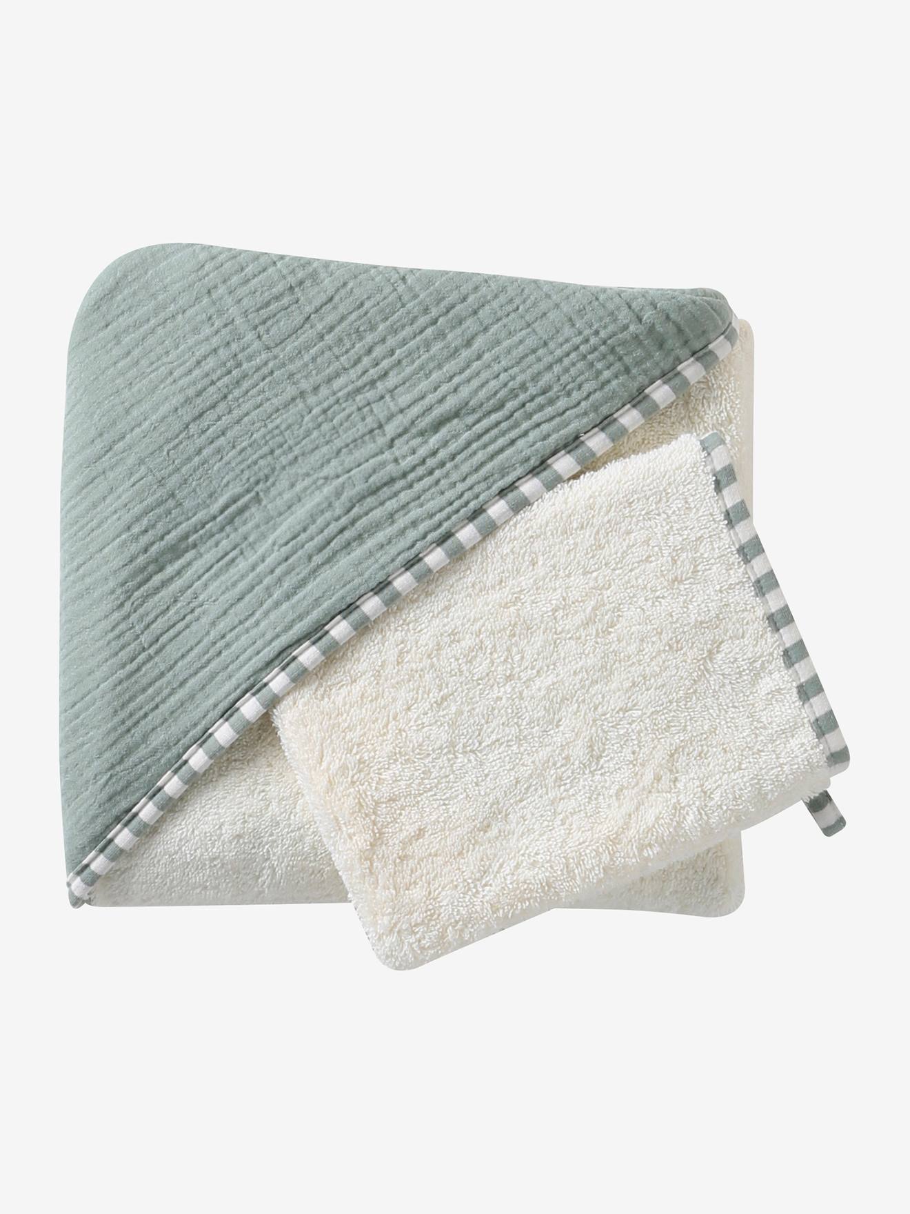 Cape De Bain Bébé + Gant Assorti - Éponge Bambou Ultra Douce, Imprimé Rayures Vert De Gris - Cadeau Naissance 70x70 Cm - 8