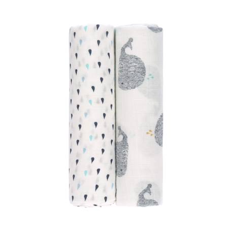 Lot de 2 maxi langes en mousseline Blanc et bleu+Blanc et olive+Blanc et rose 2 - vertbaudet enfant 