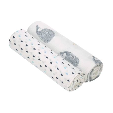 Lot de 2 maxi langes en mousseline Blanc et bleu+Blanc et olive+Blanc et rose 1 - vertbaudet enfant 