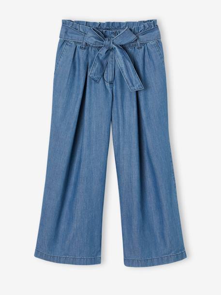 Pantacourt fille large en denim léger style 'paperbag' bleu moyen+double stone 1 - vertbaudet enfant 