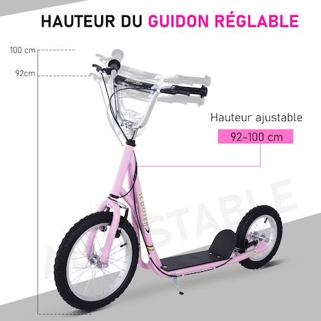 Trottinette patinette enfant grands pneus guidon réglable poignées freins et béquille acier Rose 4 - vertbaudet enfant 