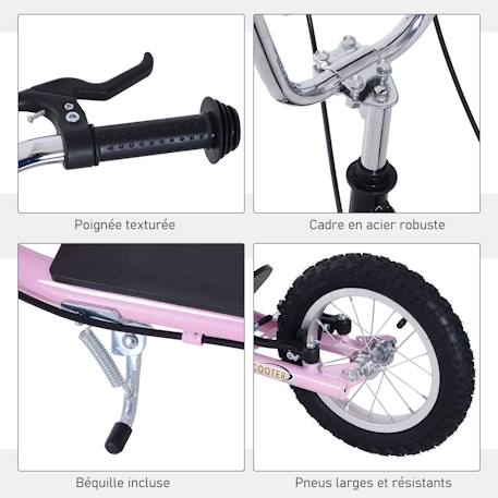 Trottinette patinette enfant grands pneus guidon réglable poignées freins et béquille acier Rose 6 - vertbaudet enfant 