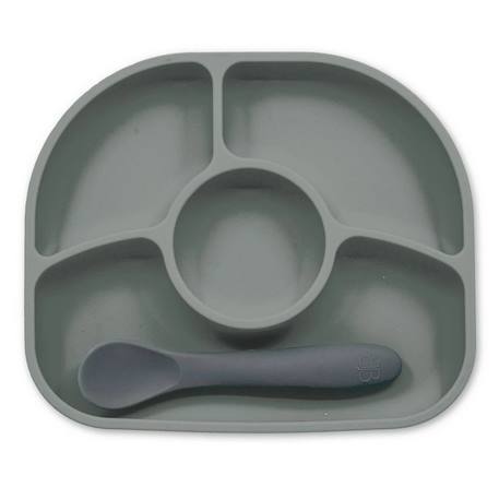 Assiette à compartiments ventousée et cuillère en silicone Gris 1 - vertbaudet enfant 