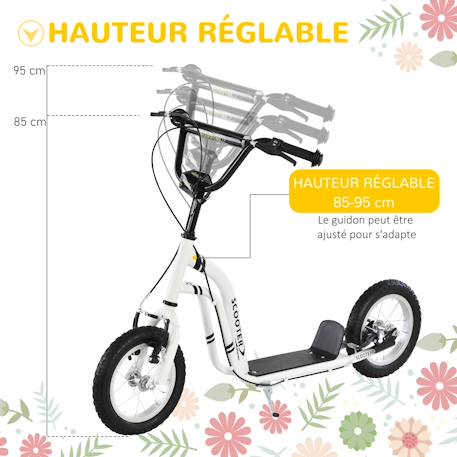 Trottinette patinette enfant grands pneus guidon réglable 2 freins béquille Blanc+Noir 3 - vertbaudet enfant 