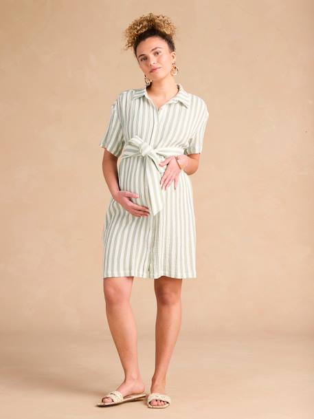 Robe chemise à larges rayures grossesse et allaitement en gaze de coton vert sauge 1 - vertbaudet enfant 