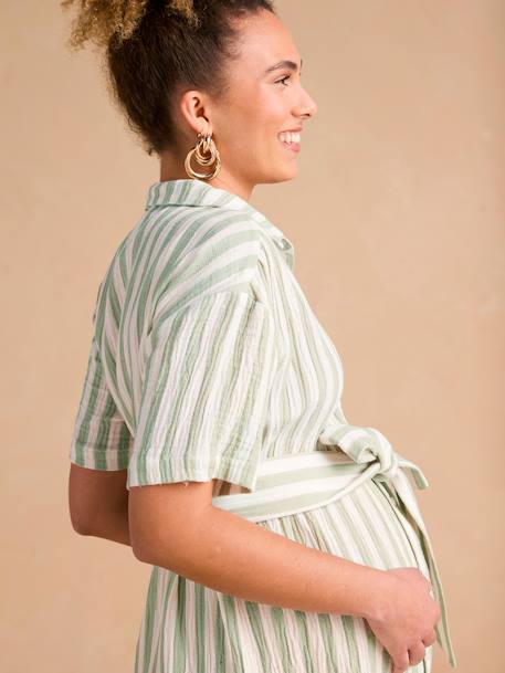 Robe chemise à larges rayures grossesse et allaitement en gaze de coton vert sauge 4 - vertbaudet enfant 