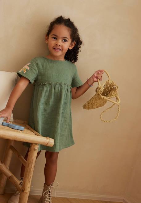 Robe enfant en gaze de coton + chouchou pivoina Kaki 1 - vertbaudet enfant 