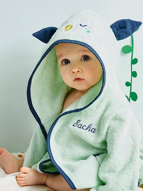 Peignoir de bain bébé personnalisable, Hibou vert pâle 1 - vertbaudet enfant 