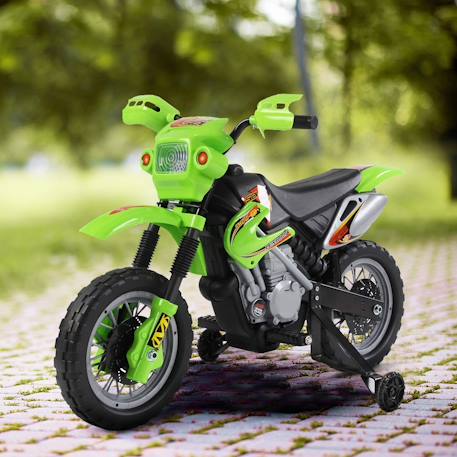 Moto cross électrique enfant 6v phares klaxon musiques roues auxiliaires amovibles Jaune+Vert 4 - vertbaudet enfant 
