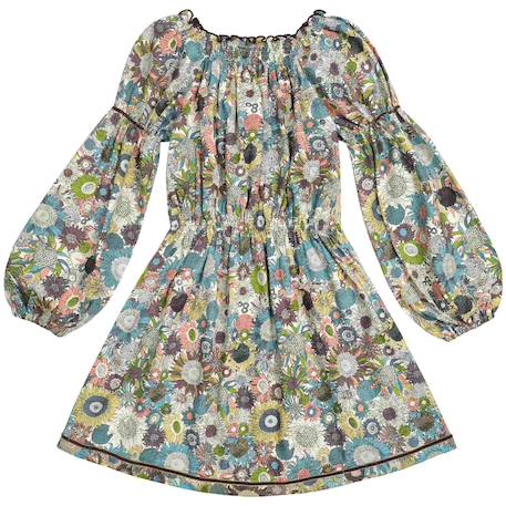 Robe  fleurie   à manches longues et col smocks  chimene Beige marron+Bleu lilas+Bleu roi+Orange vert 5 - vertbaudet enfant 