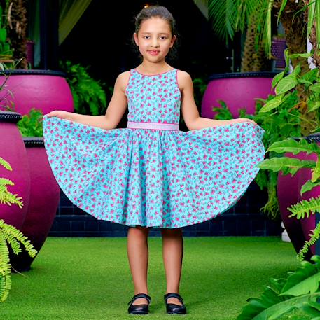 Robe qui tourne été  fleurie     hepburn Bleu roi rose fuchsia 2 - vertbaudet enfant 