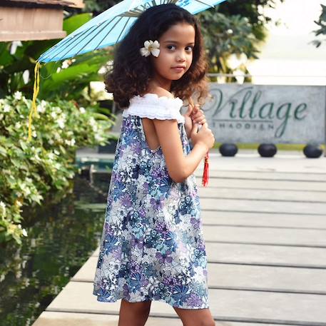 Robe  fleurie liberty  avec col froufrous   manon Bleu lilas 2 - vertbaudet enfant 