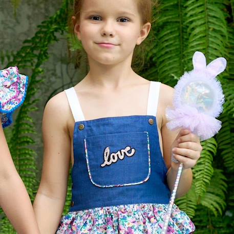 Robe salopette liberty   à volants et bretelles  gigi Bleu demim violet 2 - vertbaudet enfant 
