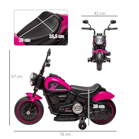 Moto électrique enfant 6 v 3 km/h effet lumineux roulettes amovibles repose-pied pédale métal pp rose noir Blanc+Bleu+Rose+Rouge 12 - vertbaudet enfant 