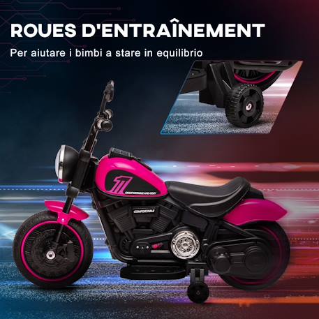 Moto électrique enfant 6 v 3 km/h effet lumineux roulettes amovibles repose-pied pédale métal pp rose noir Blanc+Bleu+Rose+Rouge 13 - vertbaudet enfant 