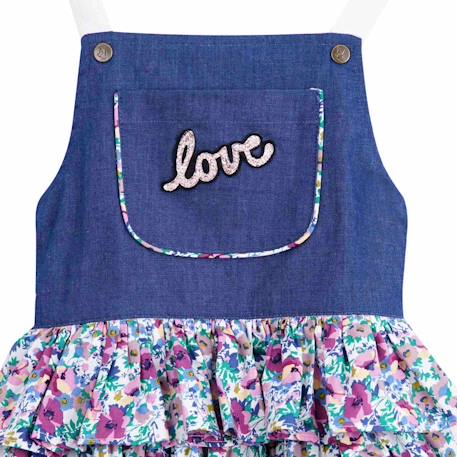 Robe salopette liberty   à volants et bretelles  gigi Bleu demim violet 4 - vertbaudet enfant 