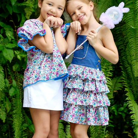 Robe salopette liberty   à volants et bretelles  gigi Bleu demim violet 6 - vertbaudet enfant 