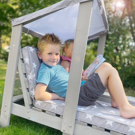 Double chaise longue en bois massif fsc® + 4 coussins et pare soleil Gris / motif étoiles 2 - vertbaudet enfant 