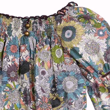 Blouse intersaison fleurie   liberty   col smocks  chimene Bleu lilas+Bleu roi+Marron beige+Orange+Rouge fleuri 14 - vertbaudet enfant 