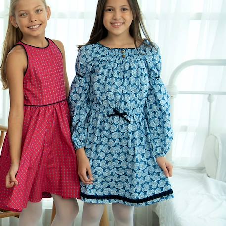 Robe  fleurie   à manches longues et col smocks  chimene Beige marron+Bleu lilas+Bleu roi+Orange vert 12 - vertbaudet enfant 