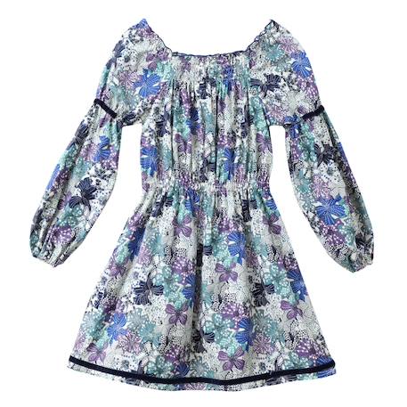 Robe  fleurie   à manches longues et col smocks  chimene Beige marron+Bleu lilas+Bleu roi+Orange vert 10 - vertbaudet enfant 